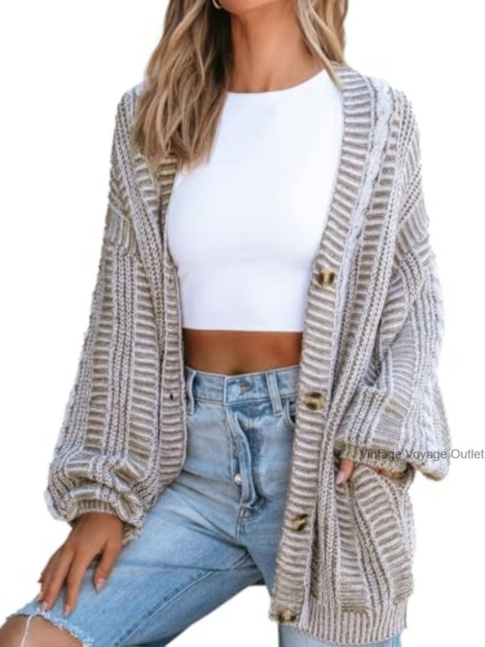 Oversized Grandpa Cardigan Button Front Cable Knit Sweater